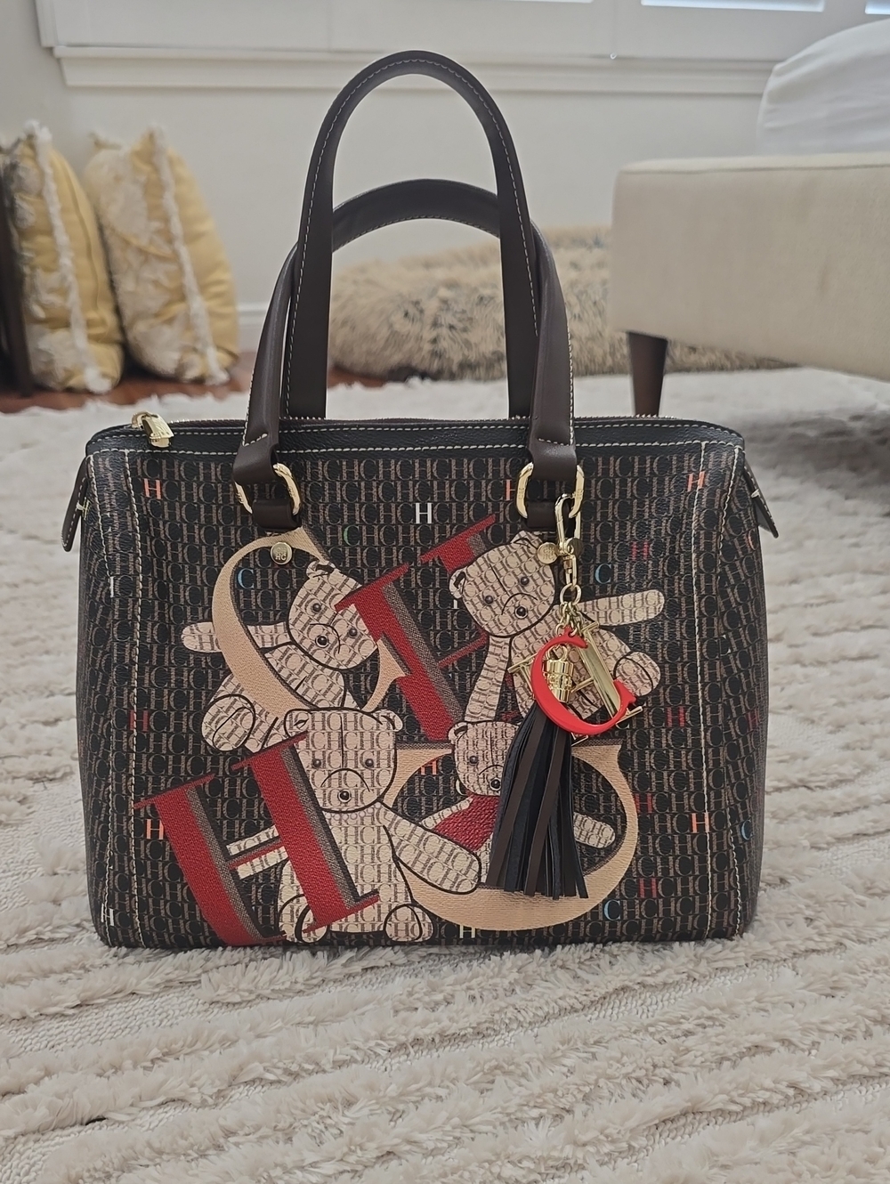 Carolina Herrera Brown Monogram Satchel with Red Accents and Teddy Motif